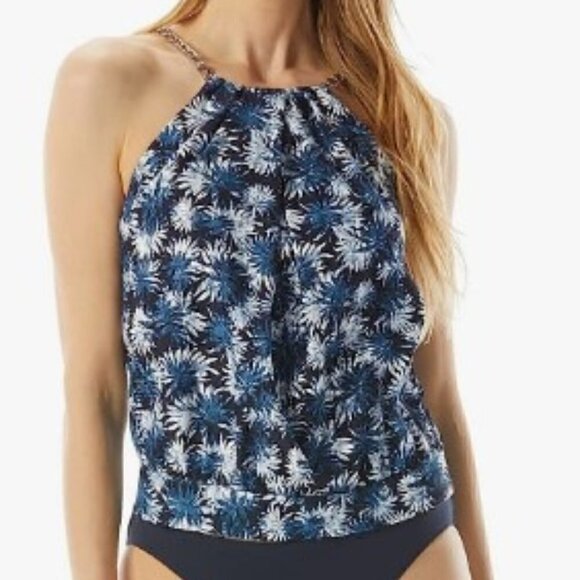 Michael Kors Palm Mix New Navy Blue Blouson High Neck Tankini Top NWT - Picture 1 of 7